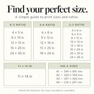 May include: A white informational chart titled Find your perfect size. A simple guide to print sizes and ratios. It lists dimensions in inches for 4:5, 3:4, 2:3 ratios, 11x14 inches, and ISO A sizes in millimeters from A1 to A4. Text at bottom reads Check the listing for the sizes included or available.