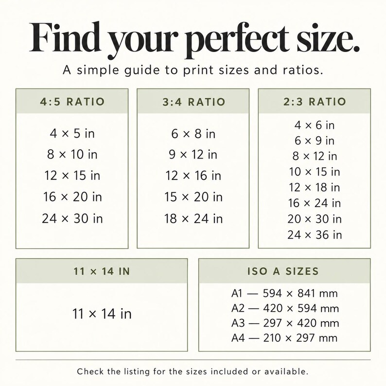 May include: A white informational chart titled Find your perfect size. A simple guide to print sizes and ratios. It lists dimensions in inches for 4:5, 3:4, 2:3 ratios, 11x14 inches, and ISO A sizes in millimeters from A1 to A4. Text at bottom reads Check the listing for the sizes included or available.