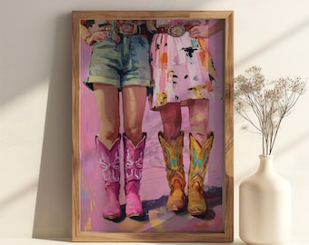 May include: A framed artwork featuring two figures in Western attire. One wears denim shorts and pink cowboy boots, the other a patterned skirt and yellow cowboy boots. The painting has a pink and yellow color palette.
