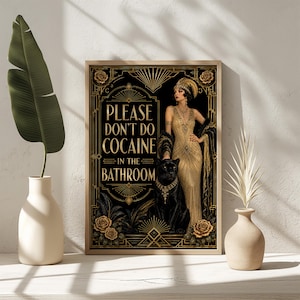 May include: A rectangular wall art print featuring a gold-toned woman in a beaded gown and a black panther. The text reads, "PLEASE DON'T DO COCAINE IN THE BATHROOM." The design includes gold geometric art deco patterns and roses on a black background.