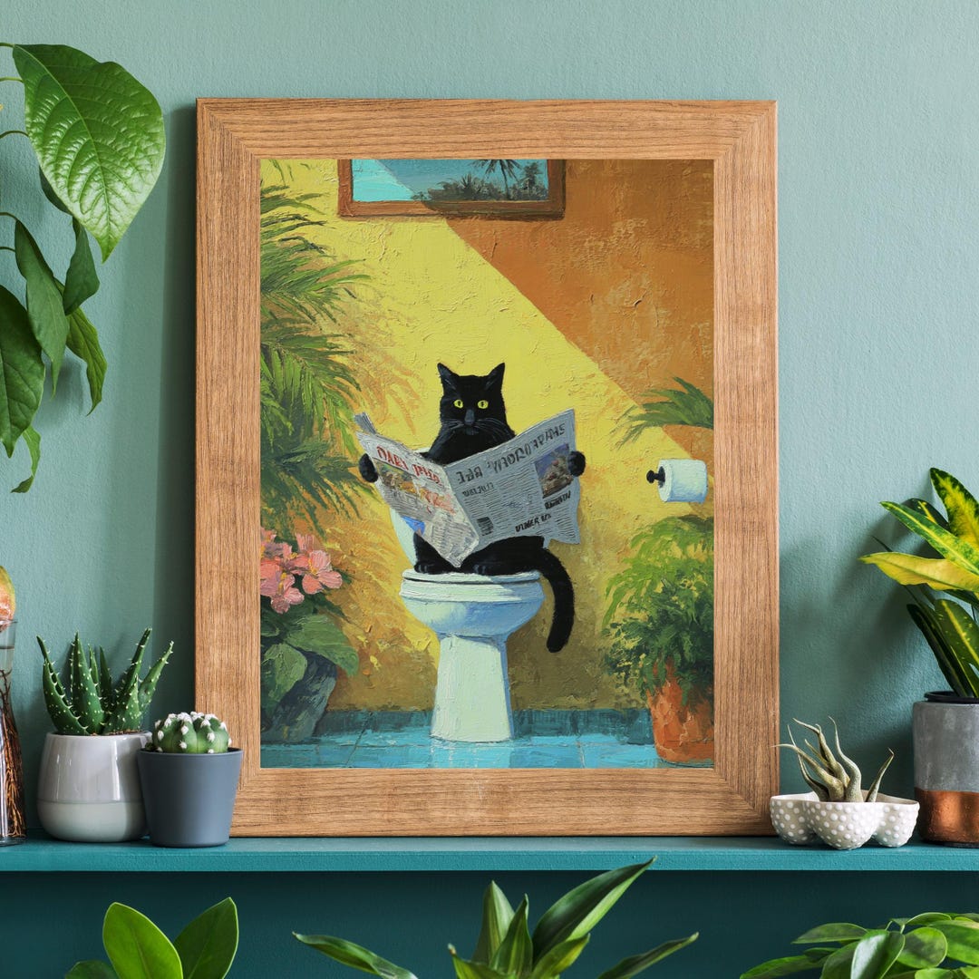 Funny Black Cat Bathroom Wall Art Print - Cat Reading Newspaper Poster ...