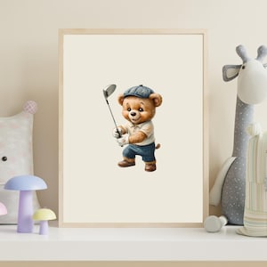 Golf Teddy Bear Printable Art - Nursery Sports Wall Art, Vintage Bear Playing Golf Print, Animal Wall Decor, Classic Retro Poster Download