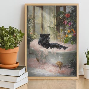 Black Panther Bathtub Wall Art – Luxury Jungle Animal Print, Whimsical Bathroom Decor, Bold Maximalist Digital Download, Funny Cat Poster