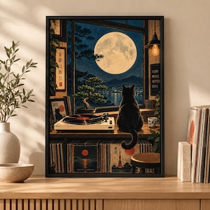May include: A framed wall art print depicting a black cat sitting on a wooden surface, facing a large full moon visible through a window. A record player, a bonsai tree, and vinyl records are present. Text includes "音楽は旅だ", "JAZZ", "GOOD MUSIC BETTER DAYS", "東京", and "TOKYO NIGHTS".