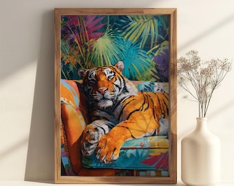 Sleeping Tiger on Sofa Art Poster - Maximalist Jungle Print, Colorful Dopamine Bedroom Decor, Quirky Tropical Animal