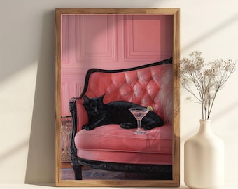 Black Cat with Martini Art Print Poster - Quirky Whimsical Cat Cocktail Art Bar Cart Decor, Pink Print Gift for Her, Trendy Animal UNFRAMED
