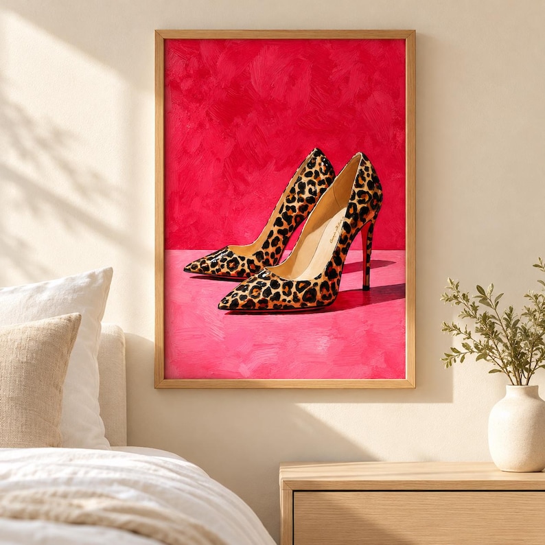 Pink Leopard Heels Art Print - Trendy Designer Shoe Poster, Girly Fashion Bedroom Decor, Luxury Cheetah Heels Print