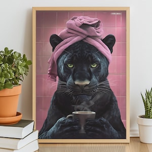 Black Panther Bathroom Wall Art - Vintage Animal Printable Poster, Digital Download for Bold Retro Jungle Decor, Maximalist Panther Artwork
