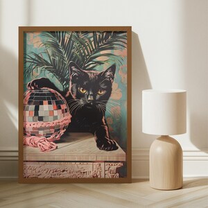 黒猫のディスコボールアートプリント - 気まぐれな猫のウォールアート、レトロなバーカートの装飾、ペット愛好家への面白いギフト、おしゃれなクロシェット猫ポスター（家庭用）