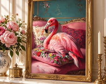 May include: A framed wall art print featuring a vibrant pink flamingo resting on a floral patterned cushion atop a pink sofa. The scene includes a decorative pillow with butterfly motifs, set against a teal wall with gold accents.