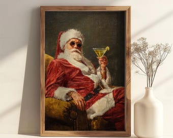 Plakat "Cheers Santa Claus" – zabawna sztuka ścienna w stylu retro, wydruk koktajlowy w stylu vintage, dekoracja baru Santa Martini