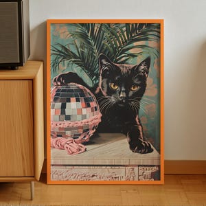 Black Cat Disco Ball Art Print – Whimsical Cat Wall Art, Retro Bar Cart Decor, Funny Pet Lover Gift, Trendy Crotchet Cat Poster for Home