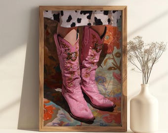 Pink Boots Cowgirl Western Poster  - Retro Boots Trendy Print, Preppy Cowgirl Dorm Room Wall Art Decor, Girly Aesthetic Pink