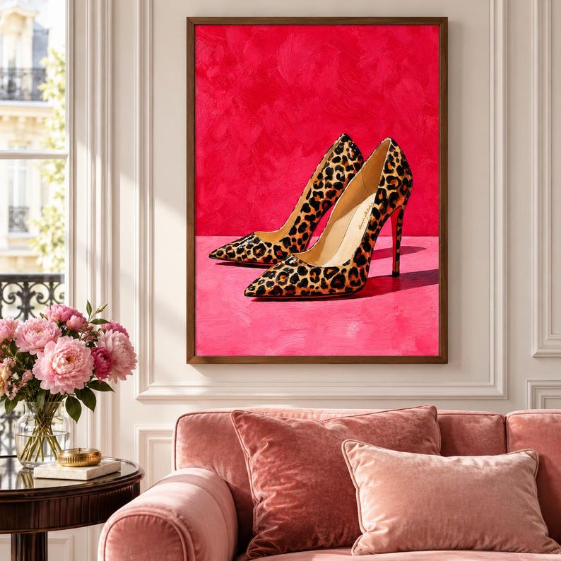 Pink Leopard Heels Art Print - Trendy Designer Shoe Poster, Girly Fashion Bedroom Decor, Luxury Cheetah Heels Print