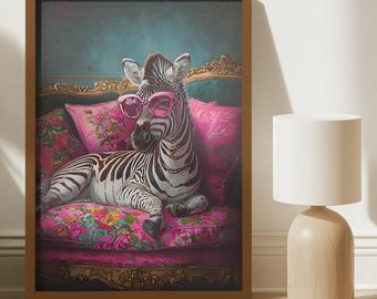 Zebra Wall Art Print with Pink Sunglasses Poster - Funny Animal Poster, Maximalist Decor, Quirky Luxury Wall Art