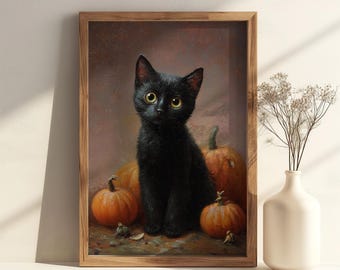 Lámina de calabaza de Halloween con gato negro - Arte de pared de Halloween estilo cottagecore vintage, póster de animales victoriano de academia oscura, lindo y espeluznante