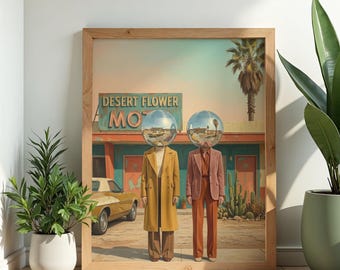 May include: A framed art print featuring two figures with mirrored disco ball heads, standing in front of a motel sign that reads "Desert Flower MO". The figures are wearing vintage-style suits, with a classic car in the background. The artwork has a retro, surreal aesthetic.