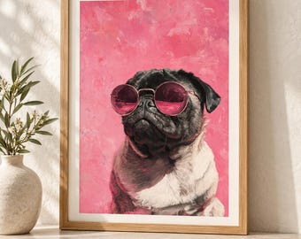 Pug with Pink Sunglasses Poster - Funny Pug Dog Poster, Cute Animal Print, Pink Aesthetic Decor, Trendy Pet Wall Art Decor, Girly Dorm Print