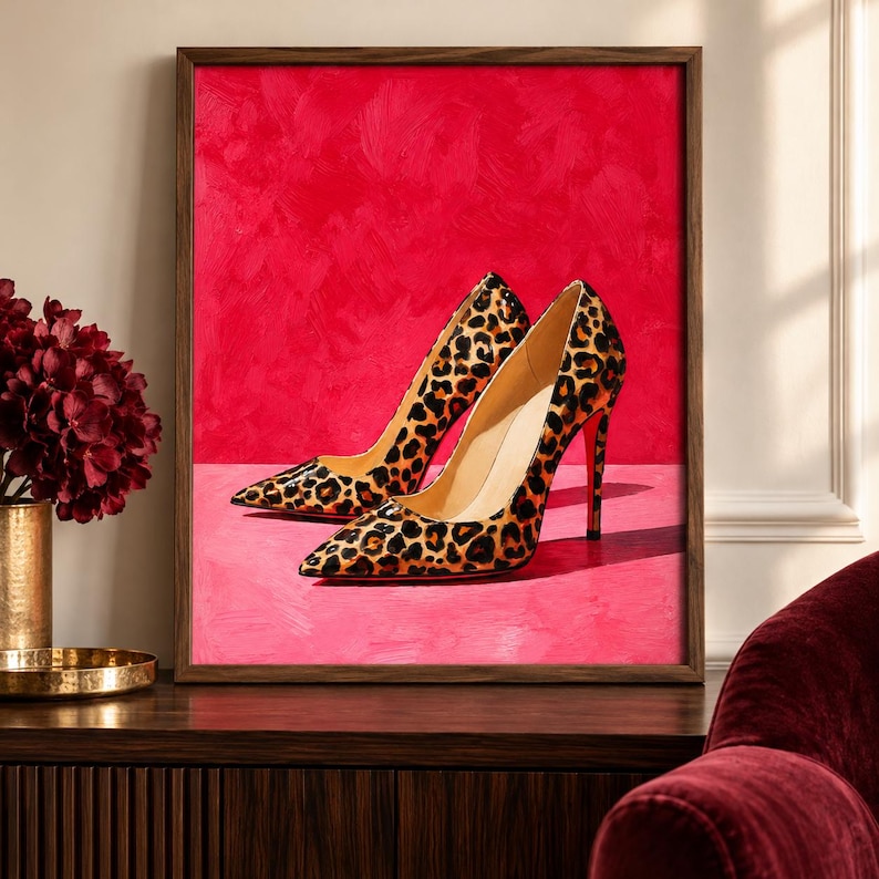 Pink Leopard Heels Art Print - Trendy Designer Shoe Poster, Girly Fashion Bedroom Decor, Luxury Cheetah Heels Print