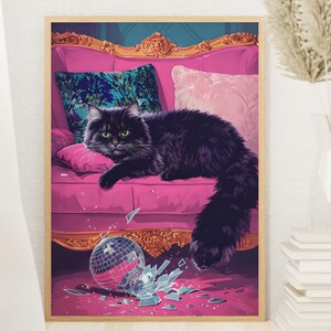 Black Cat Disco Ball Art Print – Quirky Cocktail Wall Art, Whimsical Bar Cart Decor, Trendy Home Gift, Funny Fluffy Cat Illustration Print