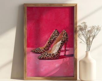 Pink Leopard Heels Art Print - Trendy Designer Shoe Poster, Girly Fashion Bedroom Decor, Luxury Cheetah Heels Print