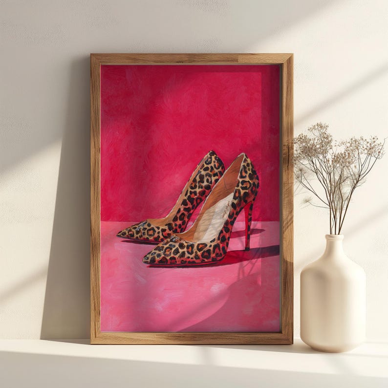 Pink Leopard Heels Art Print - Trendy Designer Shoe Poster, Girly Fashion Bedroom Decor, Luxury Cheetah Heels Print Digital Download