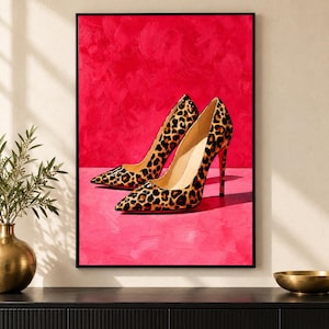 Pink Leopard Heels Art Print - Trendy Designer Shoe Poster, Girly Fashion Bedroom Decor, Luxury Cheetah Heels Print