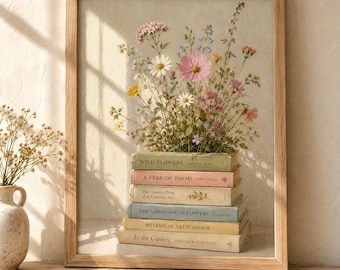 May include: A framed wall art print featuring a stack of six vintage-style books with a bouquet of colourful wildflowers emerging from the top. The books are titled Wild Flowers, A Year of Poems, The Country Diary, The Language of Flowers, Botanical Sketchbook, and In the Garden. The frame is light wood.