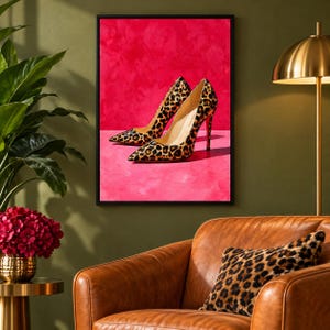 Pink Leopard Heels Art Print - Trendy Designer Shoe Poster, Girly Fashion Bedroom Decor, Luxury Cheetah Heels Print