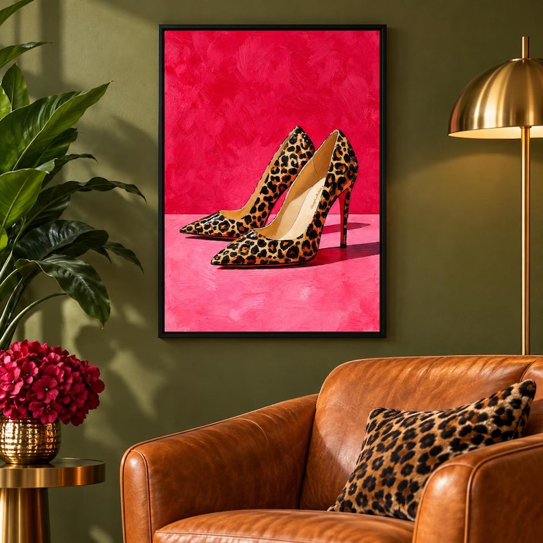 Pink Leopard Heels Art Print - Trendy Designer Shoe Poster, Girly Fashion Bedroom Decor, Luxury Cheetah Heels Print