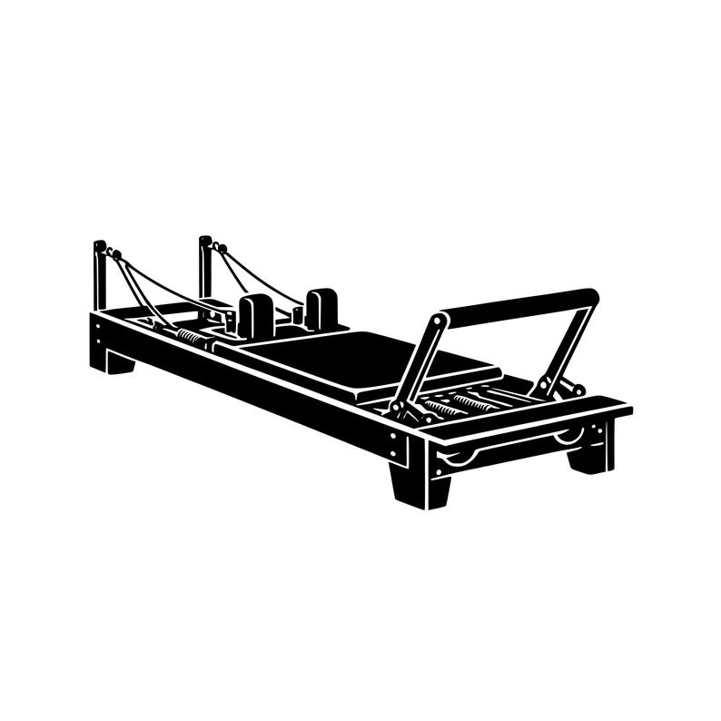 May include: Black and white illustration of a Pilates reformer machine. The equipment features a sliding carriage, springs, ropes, and a foot bar. The design is a simple, graphic representation of the exercise apparatus.