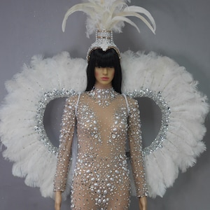 Large showgirl feather wings, feather backpack with white ostrich feathers and rhinestone detailing. Handmade and customisable. Any colours.