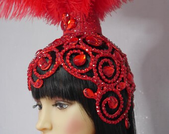 Showgirl Red Ostrich Feather Headdress Headpiece With  display picture 3