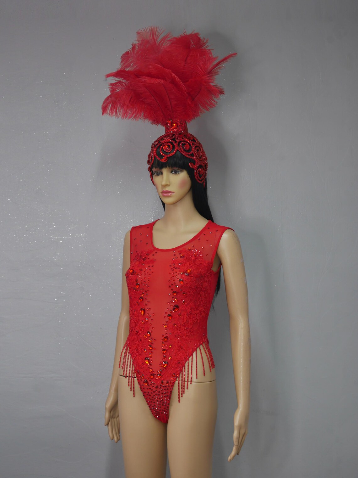 Showgirl Red Ostrich Feather Headdress Headpiece With Rhinestone ...