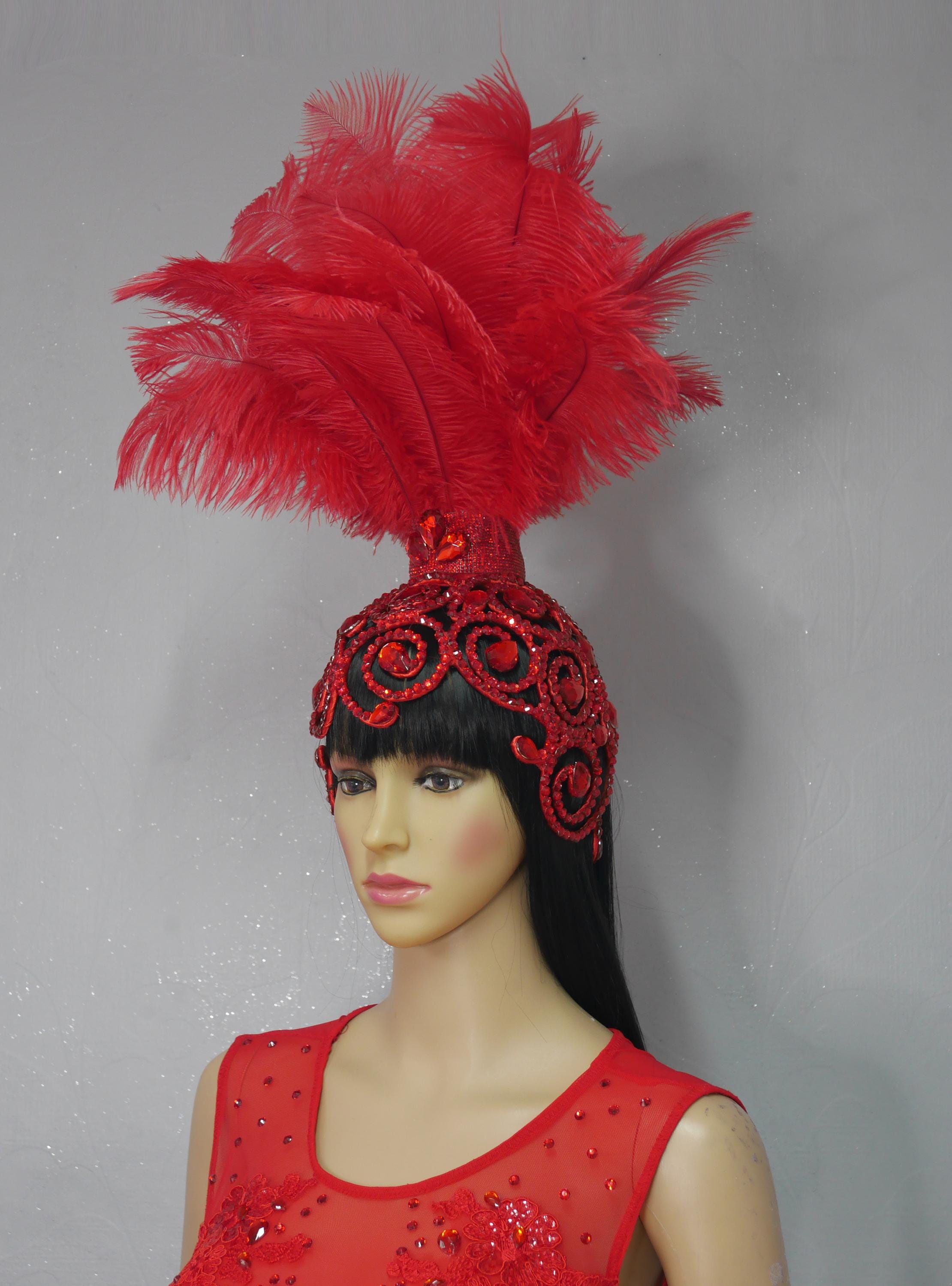 Showgirl Red Ostrich Feather Headdress Headpiece With 
