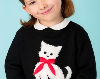Knitting Pattern for Kids Pullover with Kitten | Cat Sweater Pattern