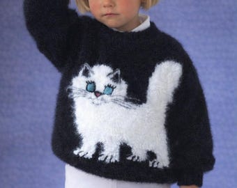 Knitting Pattern for Kids Pullover with Kitten | Cat Sweater Pattern