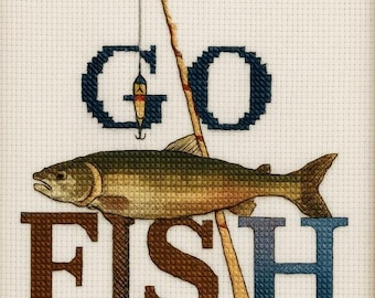 May include: Cross-stitch design with a fish, fishing rod, and the words "GO FISH" in navy blue and brown. The fish is detailed with shades of green, yellow, and brown. A blue and white lure is at the bottom. The background is white.