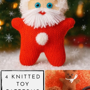 Puede incluir: Un juguete de punto de Papá Noel con cuerpo rojo, barba blanca y ojos azules. La imagen también muestra una variedad de otros patrones de juguetes de punto, incluyendo un oso, un león y un panda. El texto en la imagen dice: "4 PATRONES DE JUGUETES DE PUNTO EN FORMATO PDF."