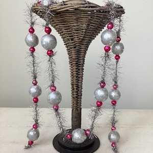 Small Silver Tinsel Garland with Vintage Pink Glass Beads