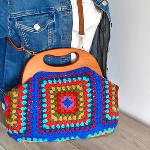 Blue Crochet Granny Square Clutch: Boho Cotton Handbag