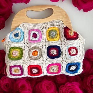 Crochet Handbag, Colorful Retro Fiber Art Bag with Wooden Handle, Handmade Boho Tote, Granny Square Summer Bag, Festival Fashion Accessory