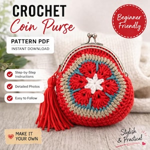 Modèle de porte-monnaie au crochet, portefeuille à cadre carré en métal pour grand-mère (téléchargement PDF)