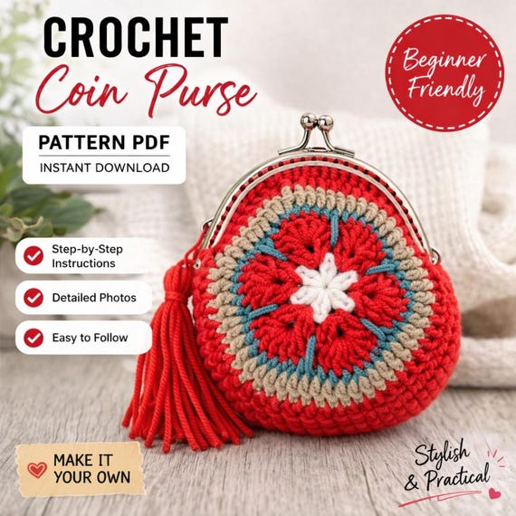 Crochet Coin Purse Pattern, Granny Square Metal Frame Wallet (PDF Download)