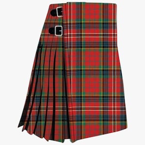 May include: A red tartan kilt with a traditional Scottish design. The kilt features a pattern of red, green, blue, and yellow checks. It has pleats and leather straps with silver buckles, a classic garment.