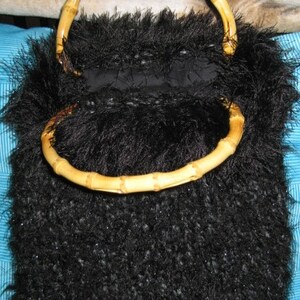 Handknit Purse with Fancy Black Glitter Yarn & Lined with added Bamboo Handles, Soft Yarn with Glitter, Fun Fur around Top