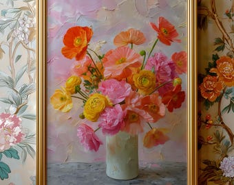 Impasto Floral Wall Art Vibrant Poppies Thick Texture Pink and Orange Flower Painting