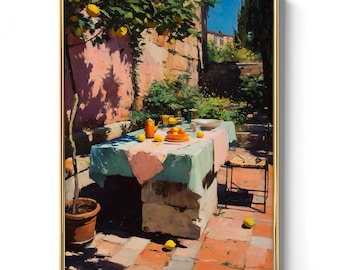 Colorful Still Life Table In Italian Garden, Mediterranean Decor For Dining Room Wall Art, Cozy Mornings, And European Kitchen Vibe