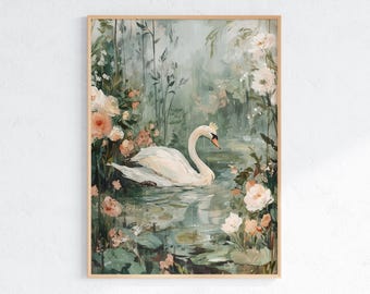Elegant Swan with Crown in Lily Pond Printable Gift Art Châteaucore Nursery or Feminine Bedroom Whimsical Animal Decor