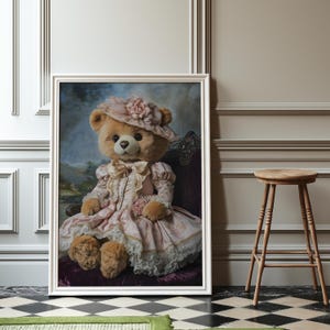 Pink Teddy Bear Victorian Dress Wall Art Shabby Chic Nursery Decor Whimsical Girls Room Pastel Grandmillenial Heirloom Spring Gift